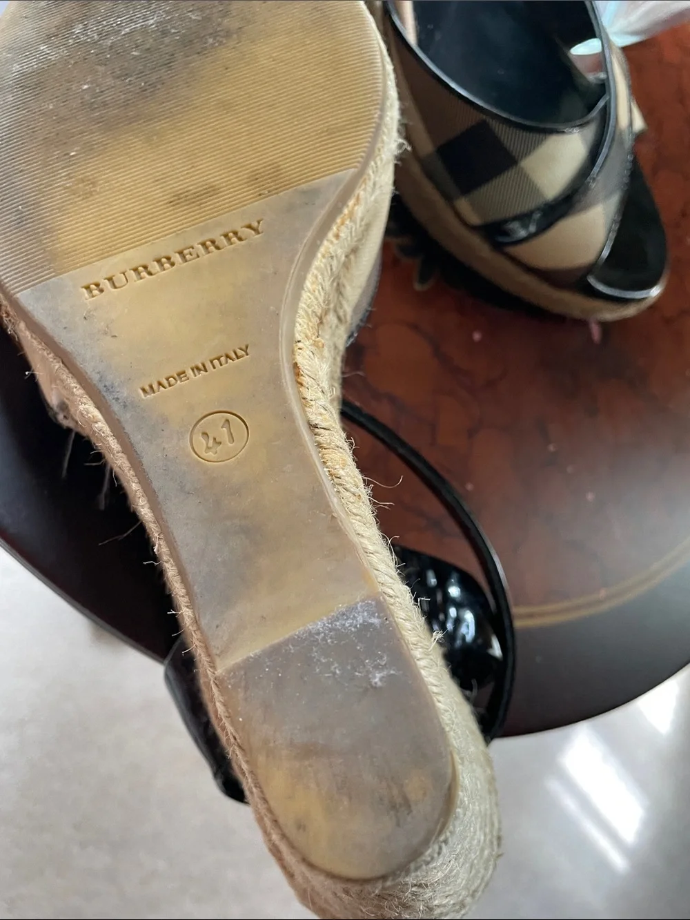 Burberry Beige & Black Check Espadrille Wedge Sandals